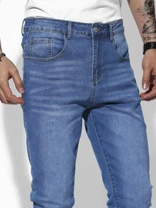 Manfinity Hombres Jeans ajustados con bolsillo oblicuo - Azul lavado medio - Ver 9
