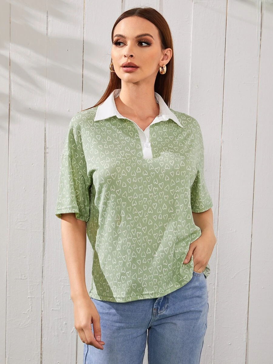 Mulvari Allover Heart Print Drop Shoulder Tee - Mint Green - View 1