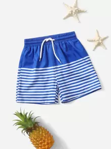 Summer Beach Young Boy Blue & White Striped Patchwork Drawstring Shorts, Beach Shorts - Blue and White - View 1