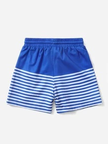 Summer Beach Young Boy Blue & White Striped Patchwork Drawstring Shorts, Beach Shorts - Blue and White - View 2