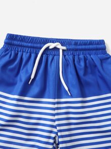 Summer Beach Young Boy Blue & White Striped Patchwork Drawstring Shorts, Beach Shorts - Blue and White - View 3