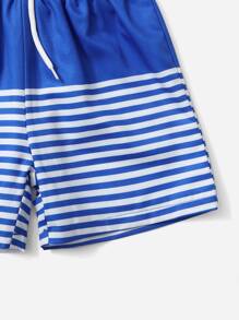 Summer Beach Young Boy Blue & White Striped Patchwork Drawstring Shorts, Beach Shorts - Blue and White - View 4