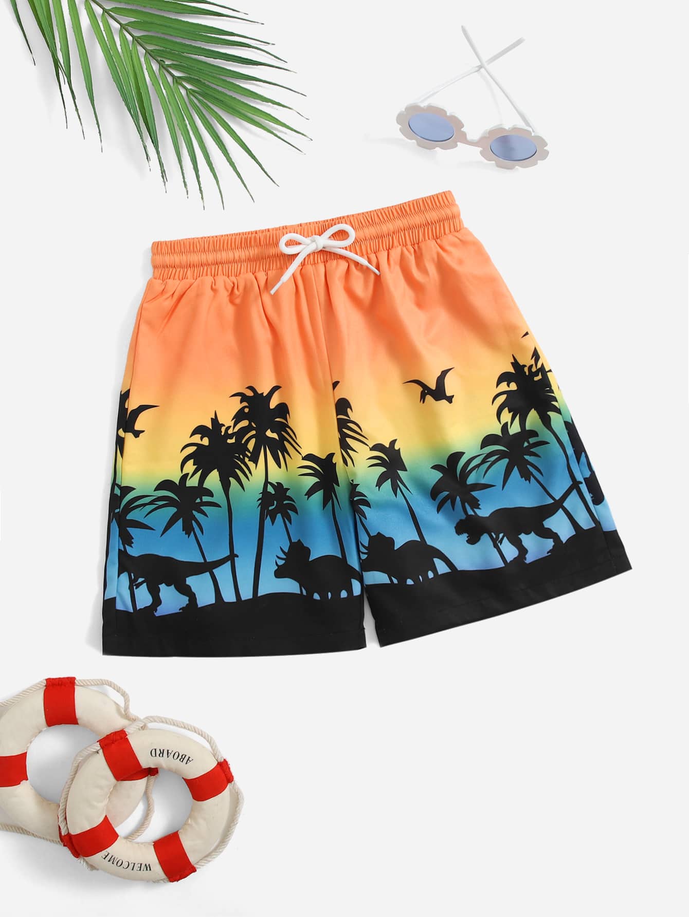 SHEIN Tween Boy Cartoon Dinosaur & Plant Print Drawstring Swim Shorts - Orange - View 1