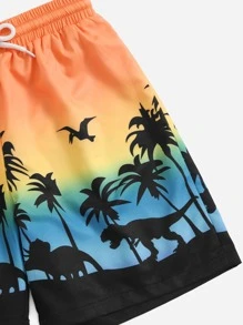 SHEIN Tween Boy Cartoon Dinosaur & Plant Print Drawstring Swim Shorts - Orange - View 3