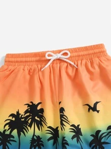 SHEIN Tween Boy Cartoon Dinosaur & Plant Print Drawstring Swim Shorts - Orange - View 4