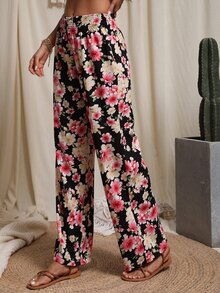 SHEIN Unity Floral Print Shirred Waist Trousers - Multicolor - View 3
