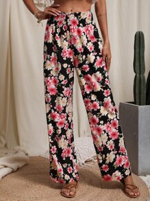SHEIN Unity Floral Print Shirred Waist Trousers - Multicolor - View 6