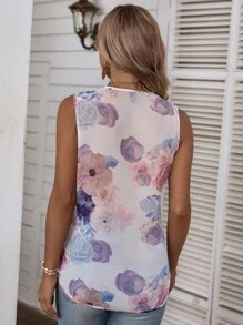 SHEIN LUNE Floral Print V Neck Chiffon Blouse - Multicolor - View 2