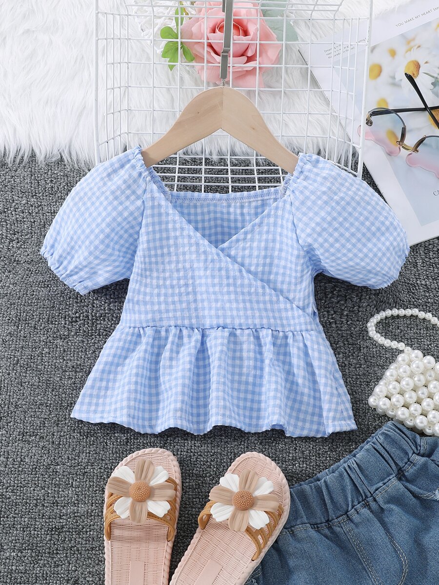 小女童雙色格子泡泡袖襯衫