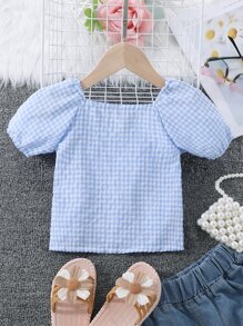 小女童雙色格子泡泡袖襯衫