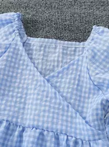 小女童雙色格子泡泡袖襯衫