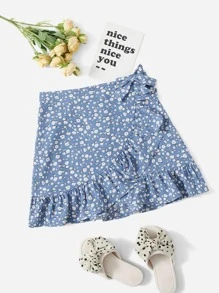 Soleia Plus Ditsy Floral Ruffle Trim Wrap Tie Side Skirt - Blue - View 1