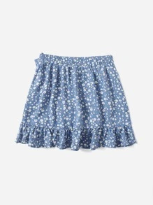 Soleia Plus Ditsy Floral Ruffle Trim Wrap Tie Side Skirt - Blue - View 2