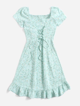 Ditsy Floral Shirred Lace Up Ruffle Hem Dress