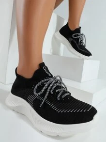 Cuccoo Lace-up Front Knit Wide Fit Running Shoes - Black - View 2