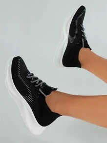 Cuccoo Lace-up Front Knit Wide Fit Running Shoes - Black - View 7