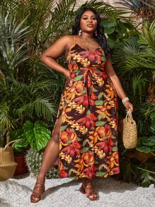 SHEIN SXY 大碼滿版印花腰帶高衩連衣裙 - 彩色 - 查看 1