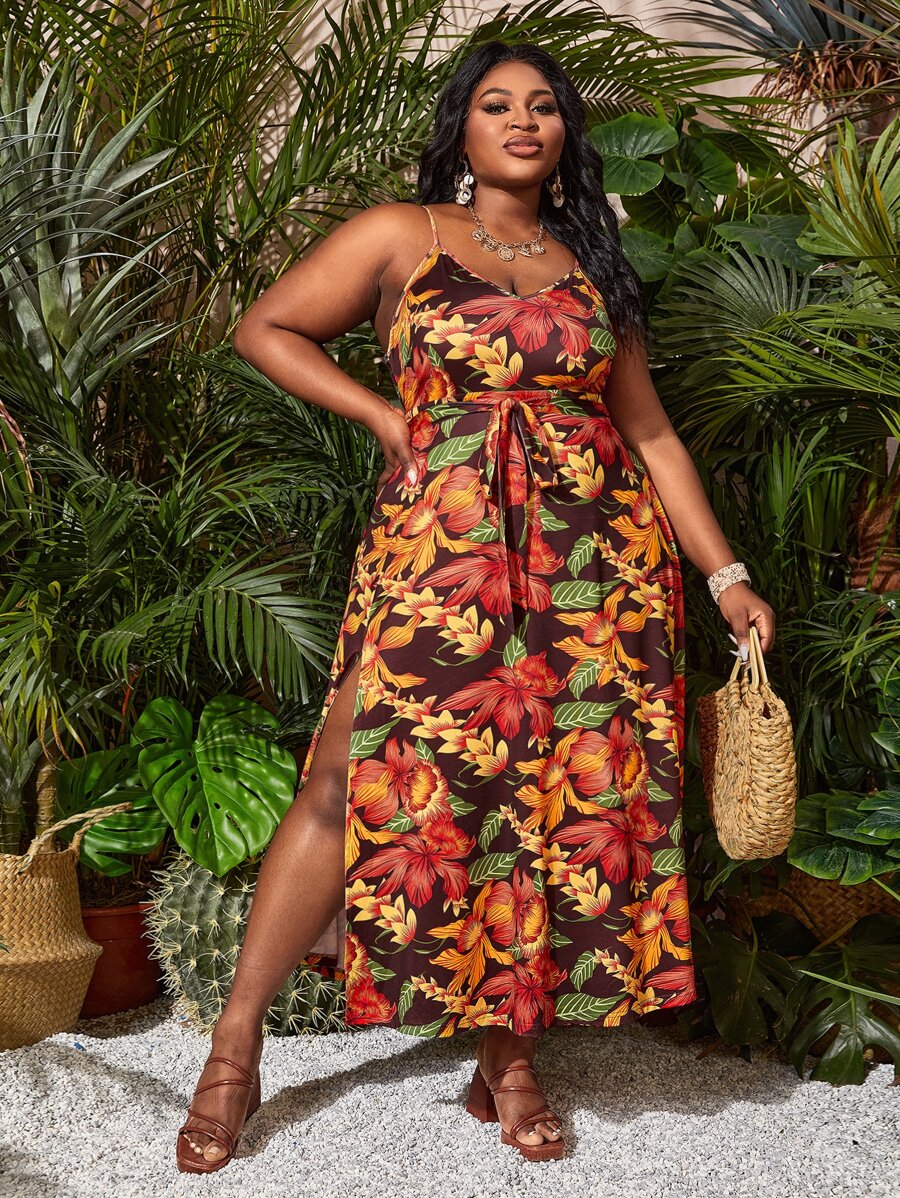 SHEIN SXY 大碼滿版印花腰帶高衩連衣裙 - 彩色 - 查看 1