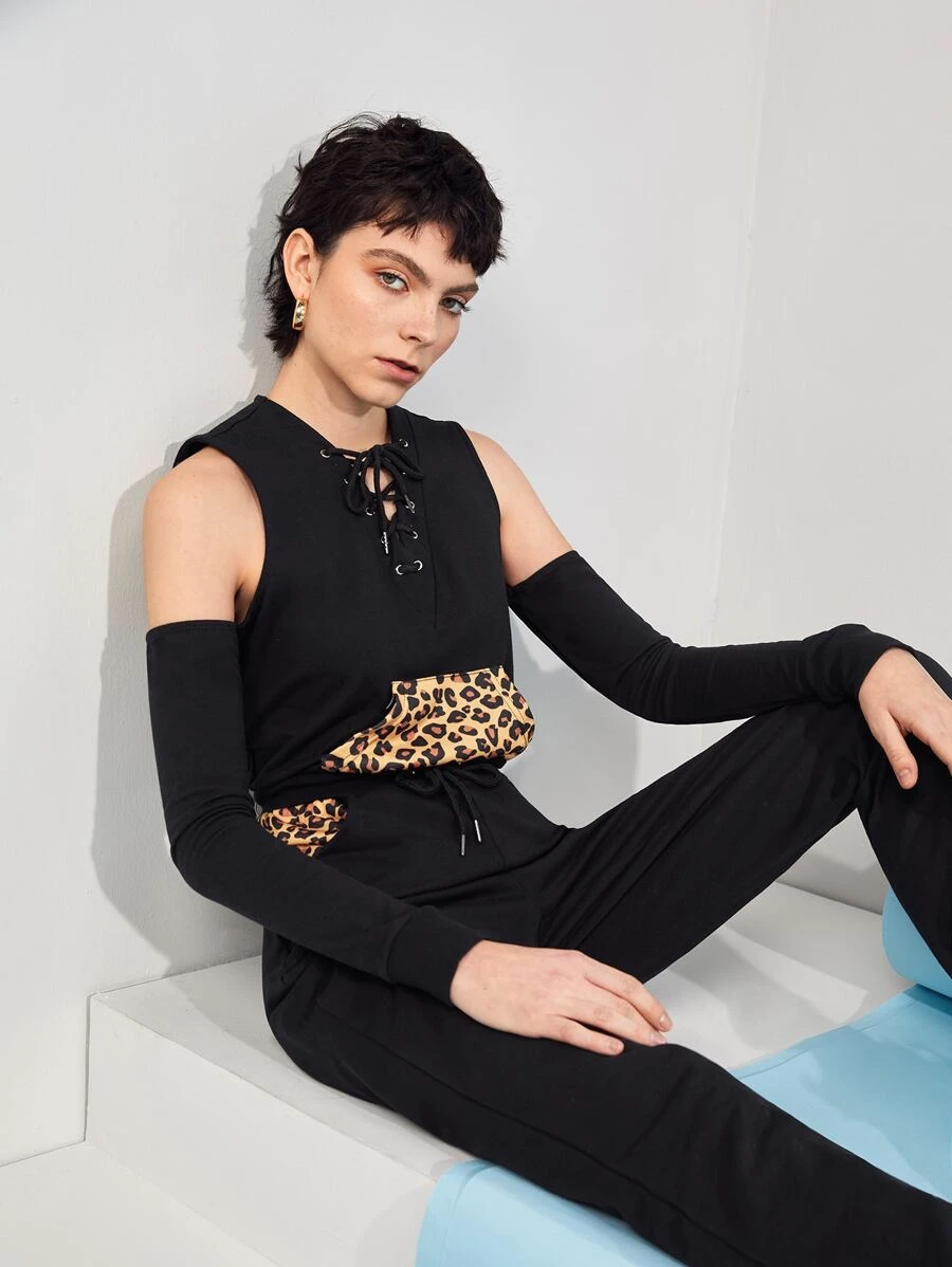 IMperfect Cold Shoulder Lace Up Front Leopard Panel Jumpsuit - Black - View 1