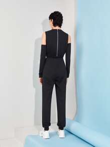 IMperfect Cold Shoulder Lace Up Front Leopard Panel Jumpsuit - Black - View 2