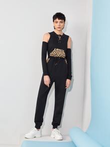 IMperfect Cold Shoulder Lace Up Front Leopard Panel Jumpsuit - Black - View 3