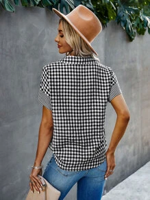 SHEIN Unity 格子圖案前紐扣襯衫 - 黑與白 - 查看 2
