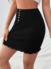 Firerie Lettuce Trim Button Detail Skirt - Black - View 5