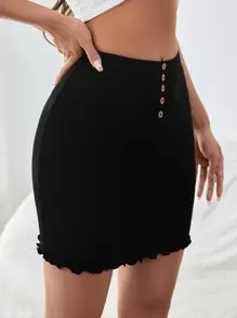 Firerie Lettuce Trim Button Detail Skirt - Black - View 1