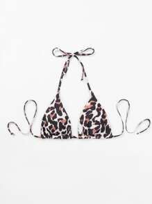 Leopard Halter Bikini Top, For Summer Beach Vacation - Multicolor - View 4