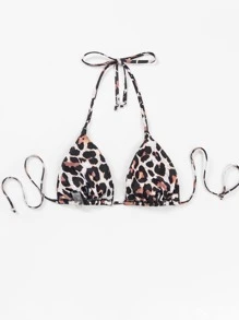 Leopard Halter Bikini Top, For Summer Beach Vacation - Multicolor - View 5