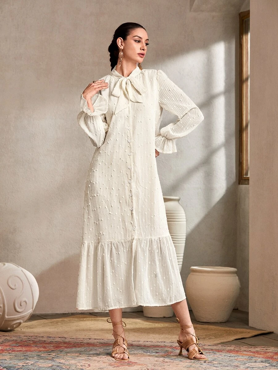 Modelyn Đầm Thắt nút Xù Nút phía trước màu trơn Thanh lịch - Màu be - Xem 1