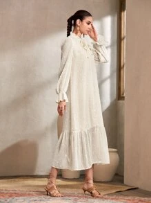 Modelyn Đầm Thắt nút Xù Nút phía trước màu trơn Thanh lịch - Màu be - Xem 3