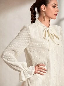 Modelyn Đầm Thắt nút Xù Nút phía trước màu trơn Thanh lịch - Màu be - Xem 5