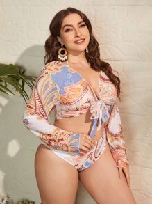 Swim Vcay 3packs Plus Size Allover Print Halter Triangle Bikini Set & Kimono Summer Beach - Multicolor - View 1