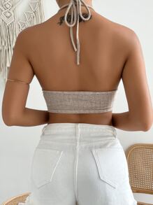 SHEIN VCAY Áo hai dây Lộ Lưng Bị tách Buộc lại màu trơn Giải trí - Màu Khaki - Xem 2