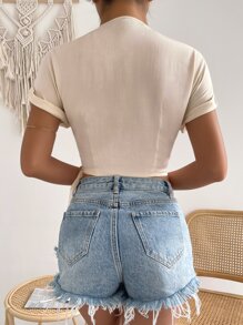 SHEIN Unity Solid Knot Side Batwing Sleeve Blouse - Apricot - View 2