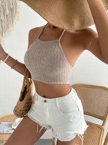 SHEIN VCAY Áo hai dây Lộ Lưng Bị tách Buộc lại màu trơn Giải trí - Màu Khaki - Xem 3