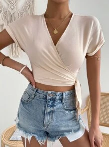 SHEIN Unity Solid Knot Side Batwing Sleeve Blouse - Apricot - View 1