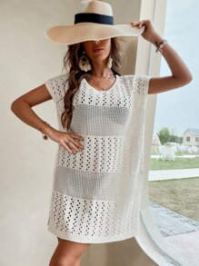 Pointelle Knit Split Hem Sweater Dress - Apricot - View 4