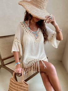 Áo choàng tua rua buộc lưng mùa hè - Màu be - Xem 5