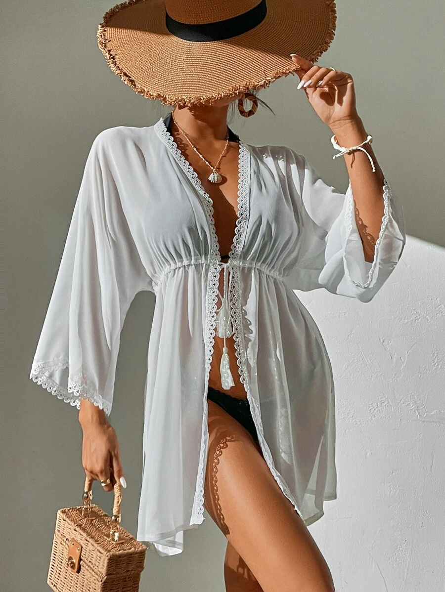 Breezaya Resort Casual Style Lace Trim Tie Up Beach Cover Up Kimono For Summer Beach Vacation - White - View 1