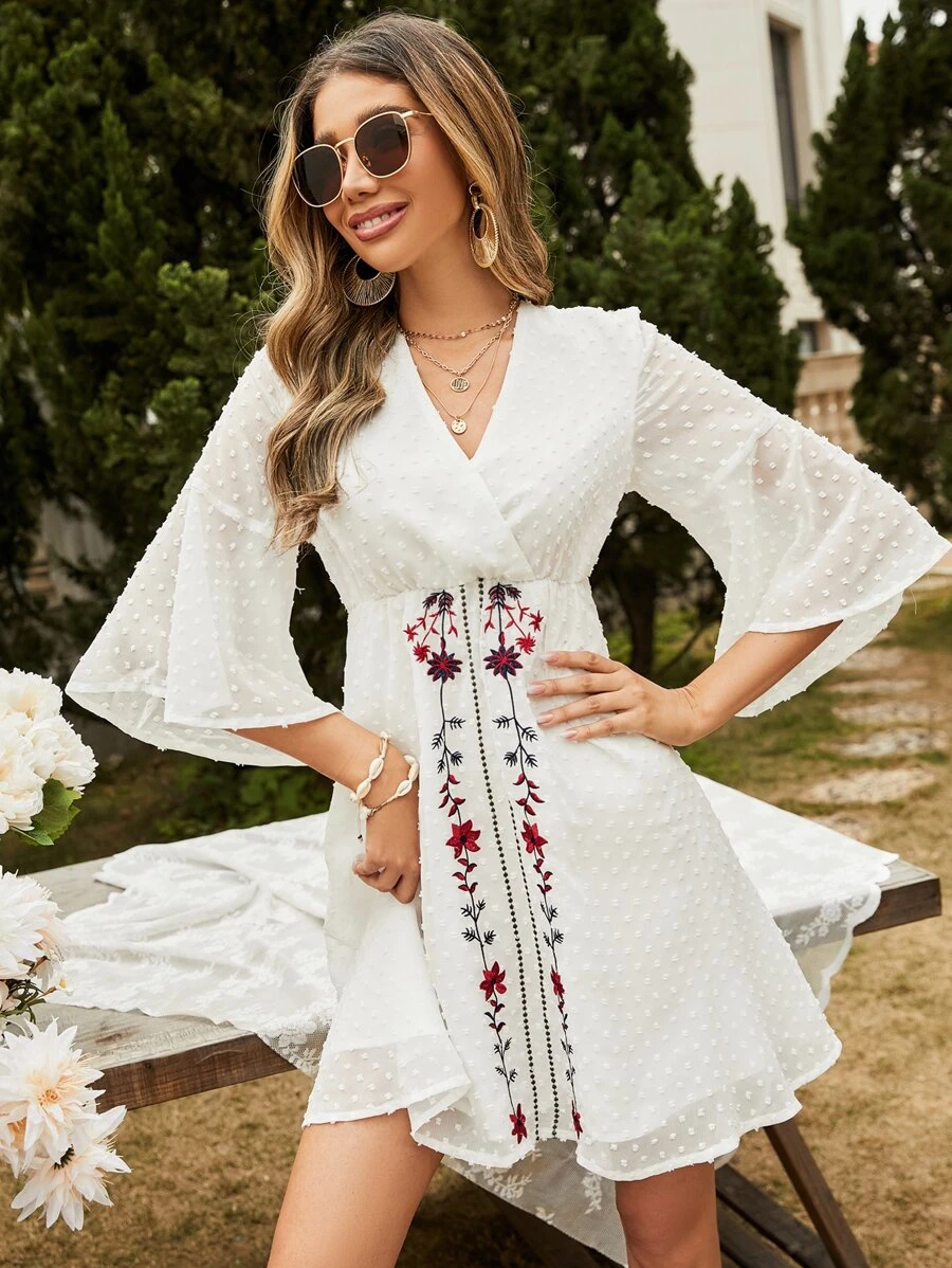 Floral Embroidery Swiss Dot Wrap A-line Dress - White - View 1