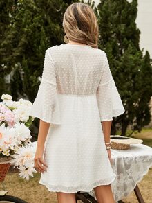 Floral Embroidery Swiss Dot Wrap A-line Dress - White - View 2