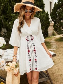 Floral Embroidery Swiss Dot Wrap A-line Dress - White - View 4