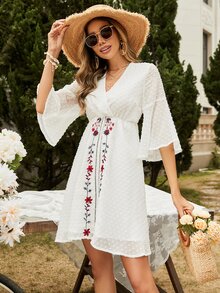 Floral Embroidery Swiss Dot Wrap A-line Dress - White - View 6