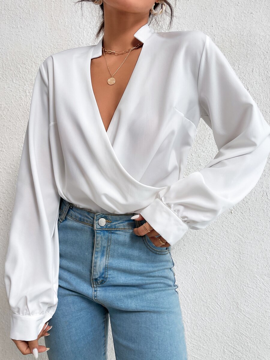 SHEIN Unity 交疊領缺口領襯衫 - 白色 - 查看 1