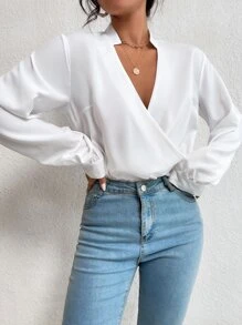 SHEIN Unity 交疊領缺口領襯衫 - 白色 - 查看 3