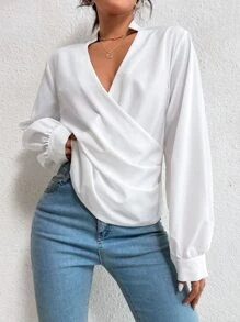 SHEIN Unity 交疊領缺口領襯衫 - 白色 - 查看 6