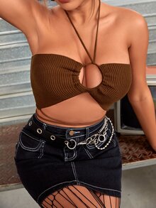 交叉後綁帶吊脖針織上衣 - 咖啡棕 - 查看 4