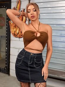 交叉後綁帶吊脖針織上衣 - 咖啡棕 - 查看 5